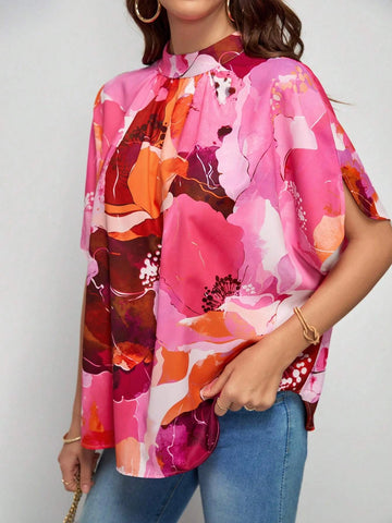 EMERY ROSE Floral Print Mock Neck Batwing Sleeve Blouse