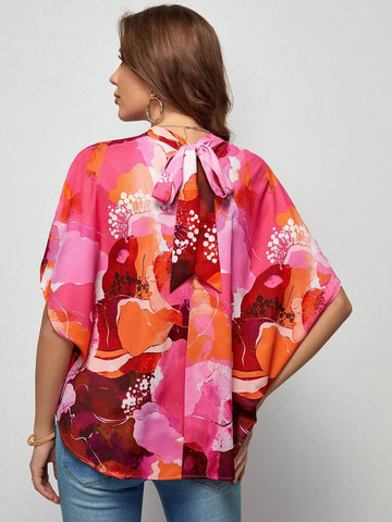 EMERY ROSE Floral Print Mock Neck Batwing Sleeve Blouse