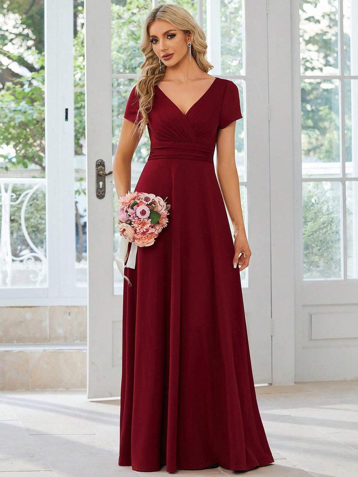 EVER-PRETTY Surplice Neck Ruched Waist Maxi Bridesmaid Dress