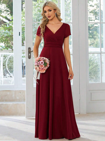 EVER-PRETTY Surplice Neck Ruched Waist Maxi Bridesmaid Dress