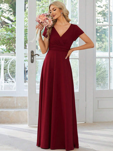 EVER-PRETTY Surplice Neck Ruched Waist Maxi Bridesmaid Dress