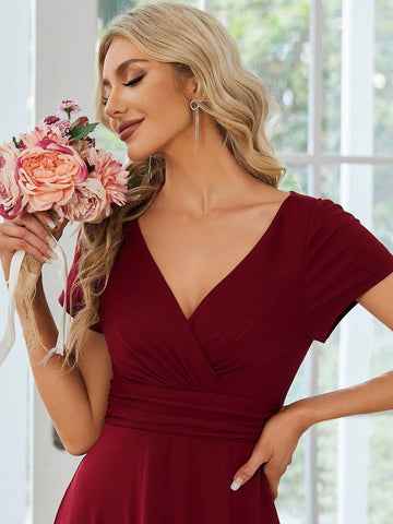 EVER-PRETTY Surplice Neck Ruched Waist Maxi Bridesmaid Dress