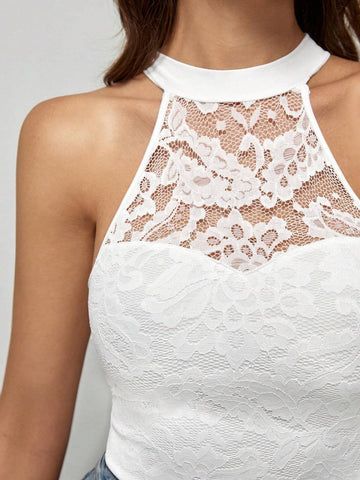 EMERY ROSE Solid Lace Halter Neck Bodysuit