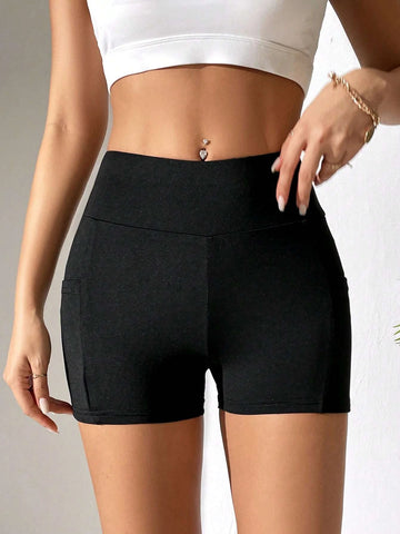 PETITE Wideband Waist Biker Shorts With Phone Pocket