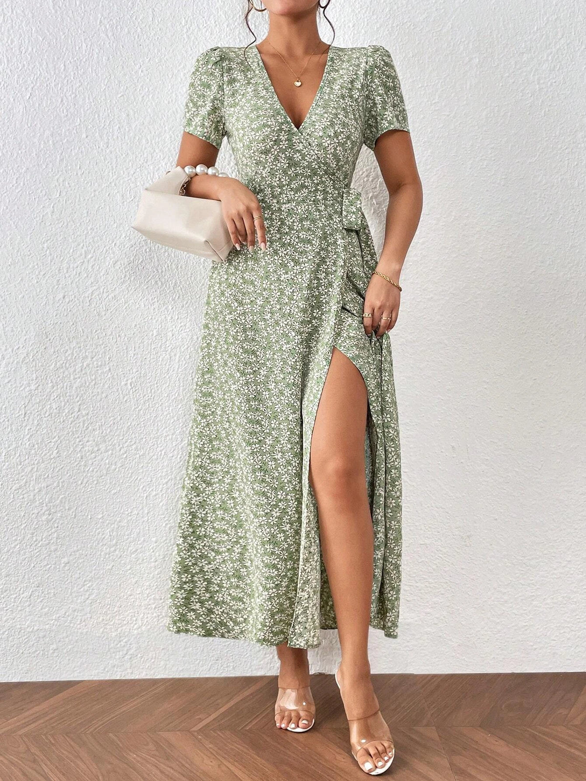 Ditsy Floral Print Knot Side Wrap Dress