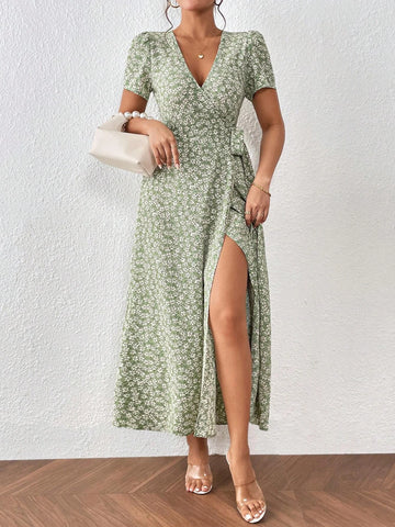 Ditsy Floral Print Knot Side Wrap Dress