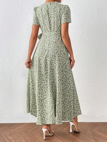 Ditsy Floral Print Knot Side Wrap Dress