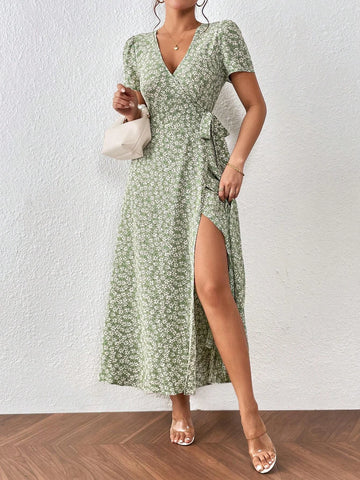Ditsy Floral Print Knot Side Wrap Dress