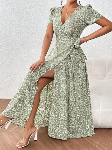 Ditsy Floral Print Knot Side Wrap Dress