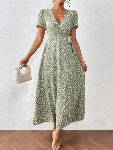 Ditsy Floral Print Knot Side Wrap Dress