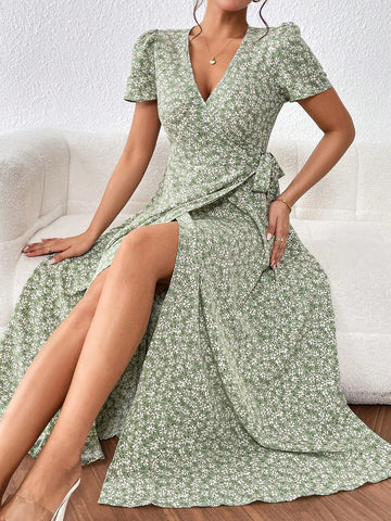 Ditsy Floral Print Knot Side Wrap Dress