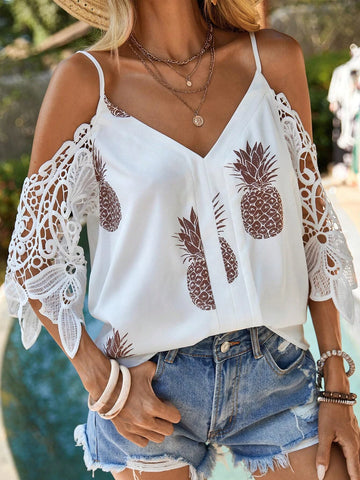 EMERY ROSE Pineapple Print Guipure Lace Panel Cold Shoulder Blouse