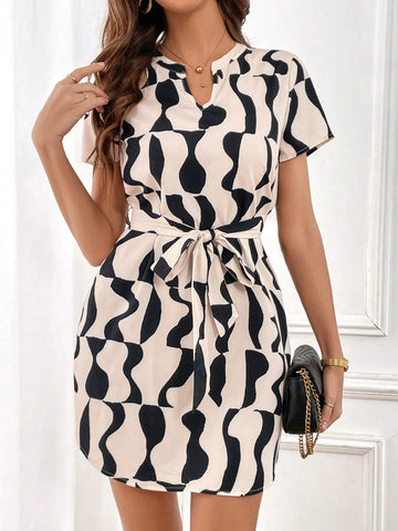 Allover Print Notched Neck Belted Dres