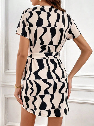 Allover Print Notched Neck Belted Dres