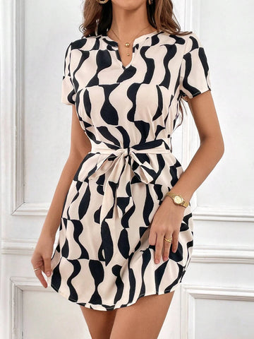 Allover Print Notched Neck Belted Dres
