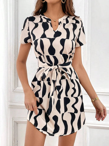 Allover Print Notched Neck Belted Dres