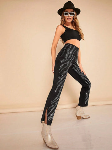 BAE Rhinestone Detail Split Hem Straight Leg Pants