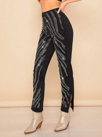 BAE Rhinestone Detail Split Hem Straight Leg Pants
