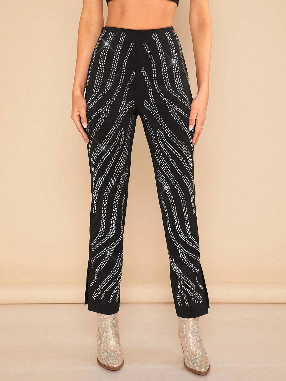 BAE Rhinestone Detail Split Hem Straight Leg Pants