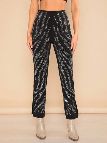 BAE Rhinestone Detail Split Hem Straight Leg Pants