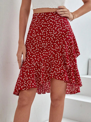 Frenchy Confetti Heart Print Ruffle Hem Skirt