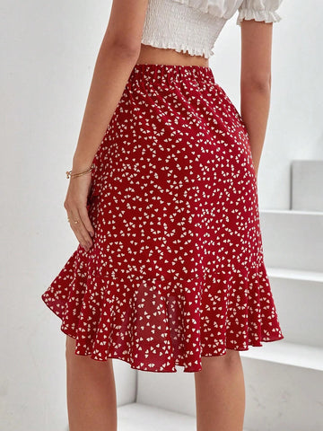 Frenchy Confetti Heart Print Ruffle Hem Skirt