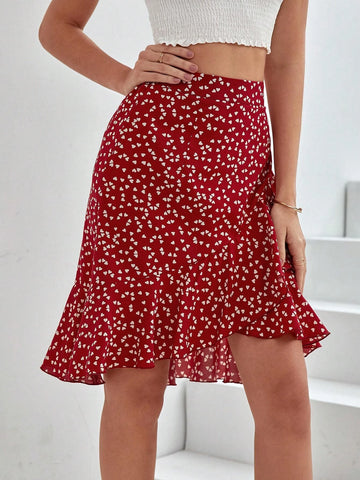 Frenchy Confetti Heart Print Ruffle Hem Skirt