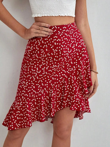 Frenchy Confetti Heart Print Ruffle Hem Skirt