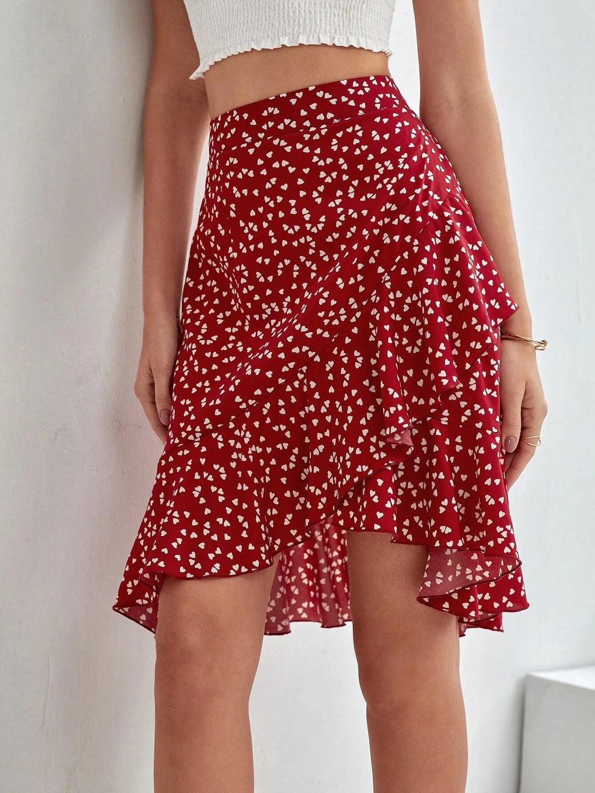 Frenchy Confetti Heart Print Ruffle Hem Skirt