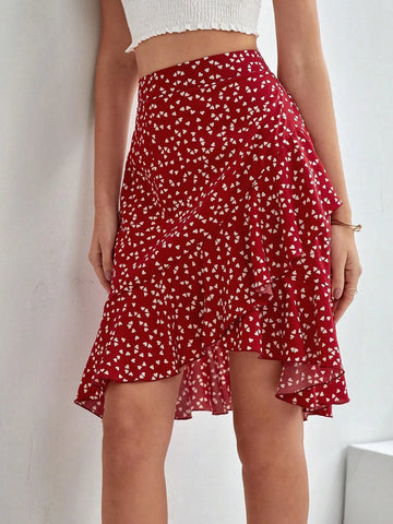 Frenchy Confetti Heart Print Ruffle Hem Skirt