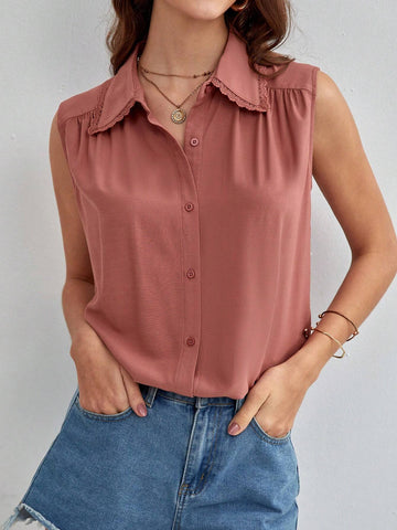 Solid Lace Trim Sleeveless Shirt