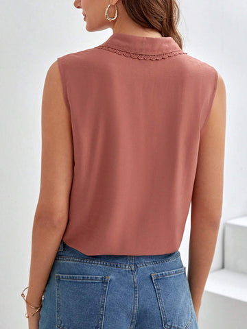 Solid Lace Trim Sleeveless Shirt