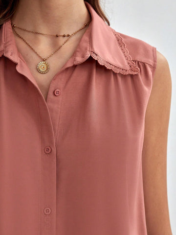 Solid Lace Trim Sleeveless Shirt