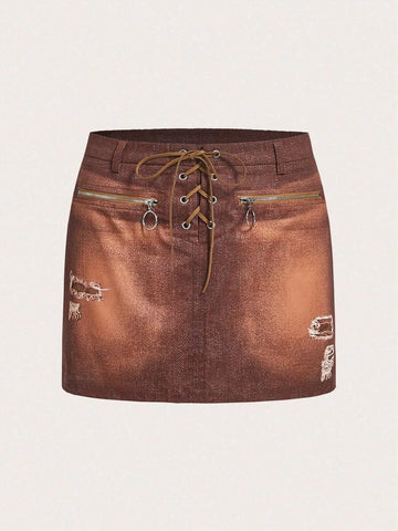 ICON Lace Up Front O-ring Zipper Skirt