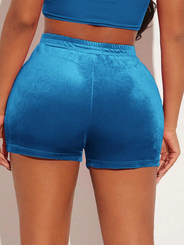 SXY Rhinestone Letter Graphic Velvet Shorts