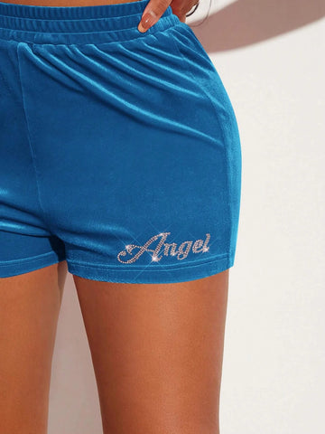 SXY Rhinestone Letter Graphic Velvet Shorts