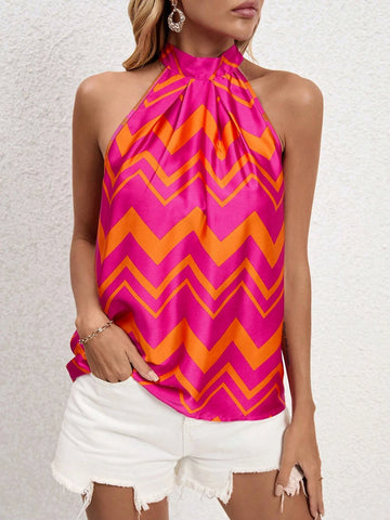 EMERY ROSE Chevron Print Tie Back Halter Neck Blouse