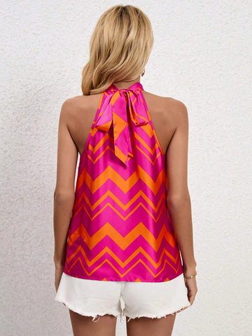 EMERY ROSE Chevron Print Tie Back Halter Neck Blouse