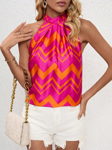 EMERY ROSE Chevron Print Tie Back Halter Neck Blouse