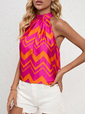 EMERY ROSE Chevron Print Tie Back Halter Neck Blouse
