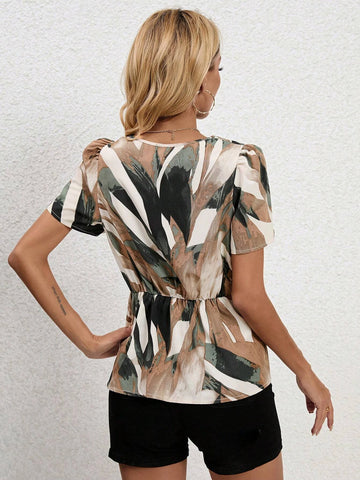 EMERY ROSE Allover Print Twist Front Puff Sleeve Peplum Blouse