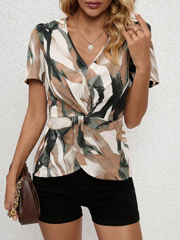 EMERY ROSE Allover Print Twist Front Puff Sleeve Peplum Blouse