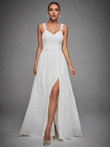 Appliques Detail Split Thigh Wedding Dress