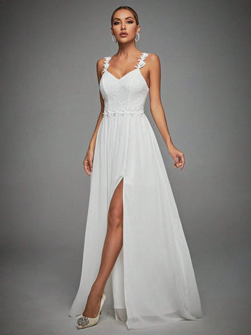 Appliques Detail Split Thigh Wedding Dress