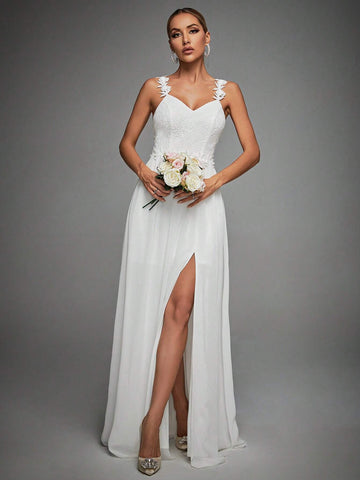 Appliques Detail Split Thigh Wedding Dress
