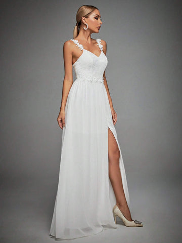 Appliques Detail Split Thigh Wedding Dress