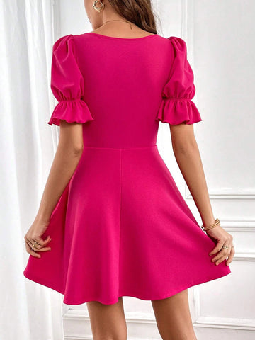 Square Neck Puff Sleeve A-line Dress