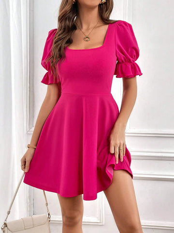 Square Neck Puff Sleeve A-line Dress
