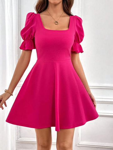 Square Neck Puff Sleeve A-line Dress