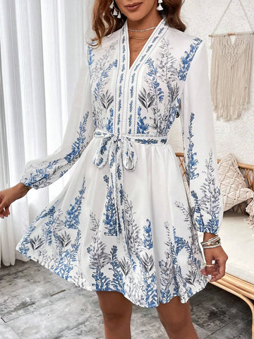 Floral Print Lantern Sleeve Belted Dress